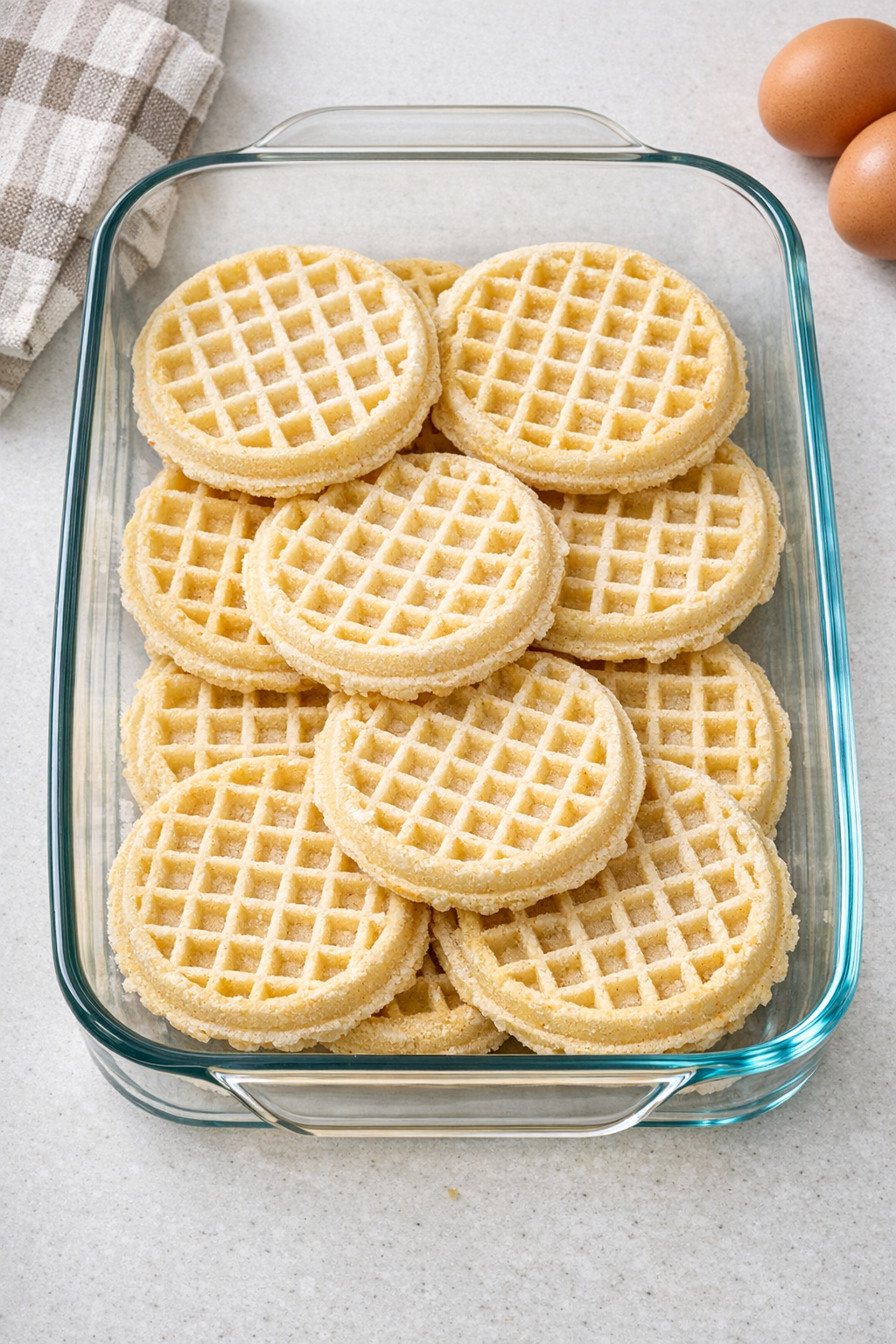 Frozen waffles arranged in a glass casserole dish