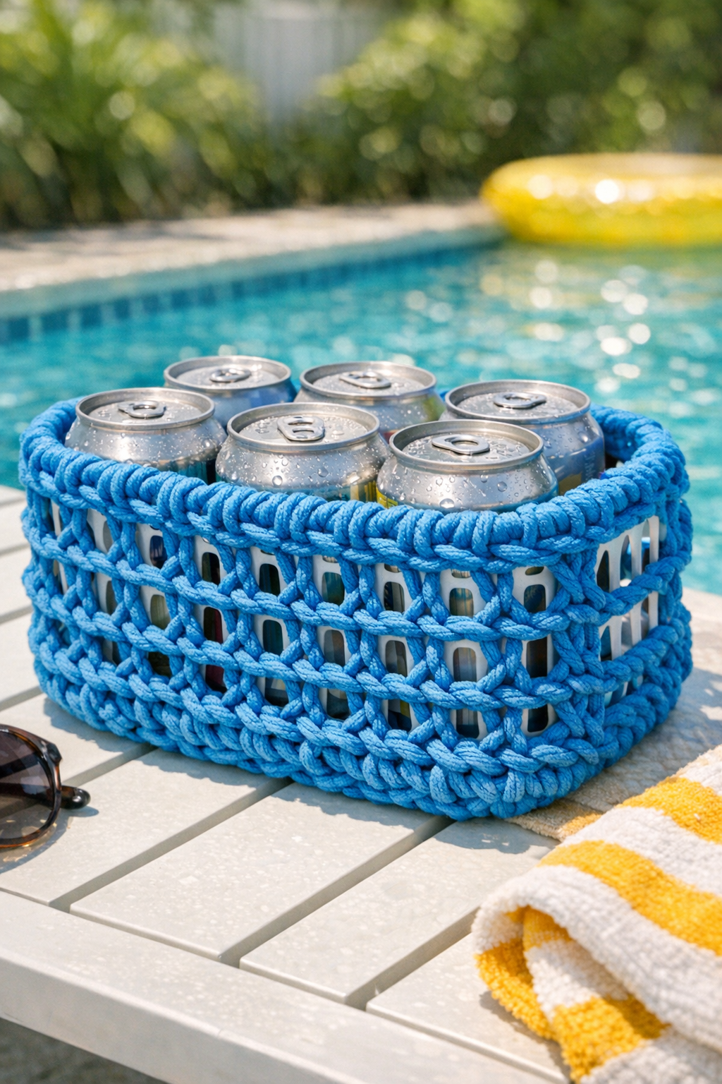 Finished blue crocheted outdoor drink cozy caddy made from a shower caddy