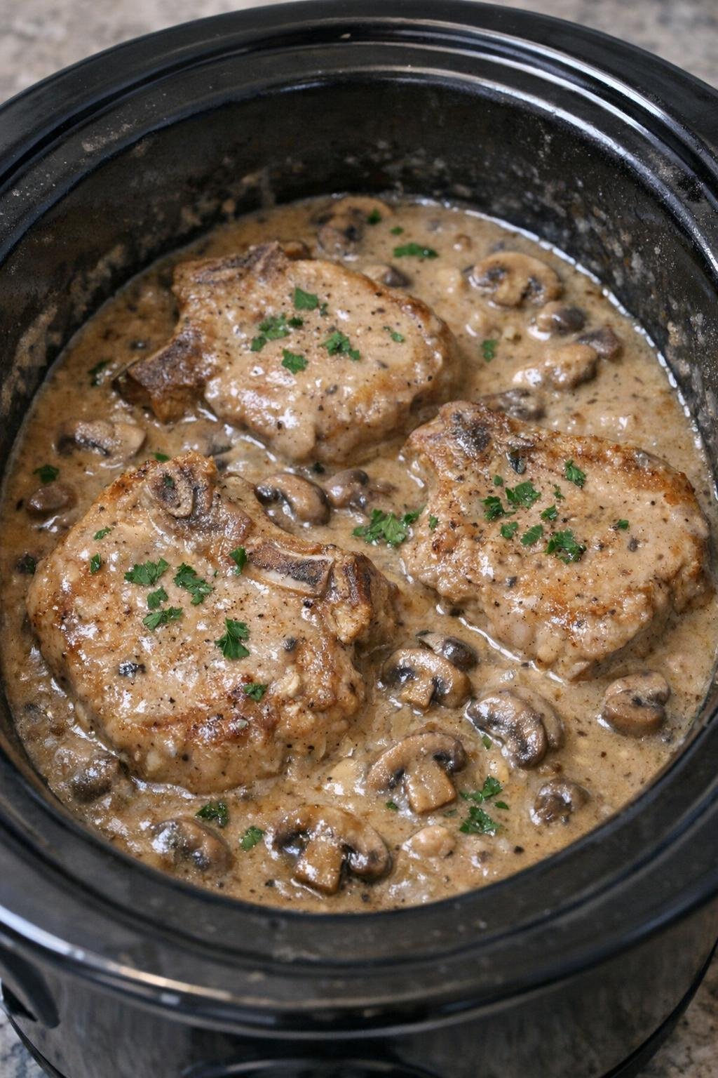 Pork chops in a cream of mushroom style gravy