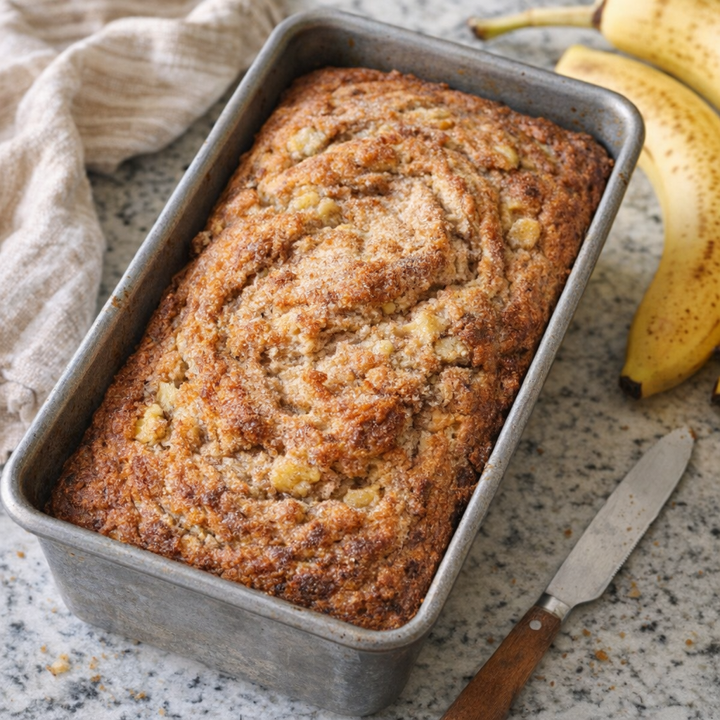 Warm cinnamon banana loaf on a kitchen counter