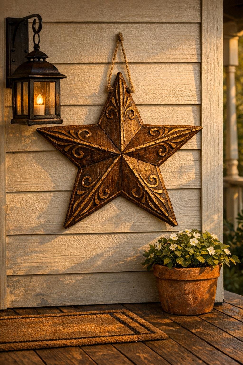 Finished faux carved wood porch star hanging on a porch wall