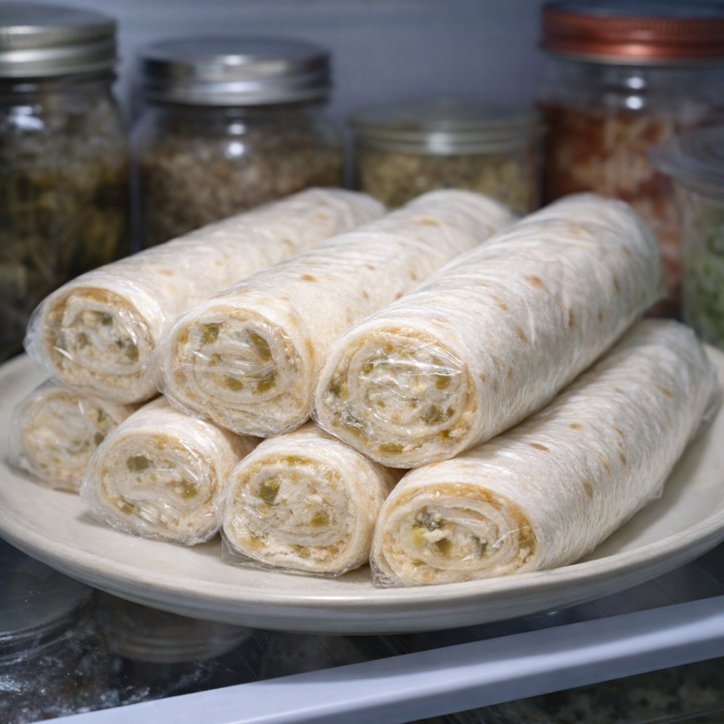 Wrapped tortilla rolls resting in the refrigerator for make-ahead prep