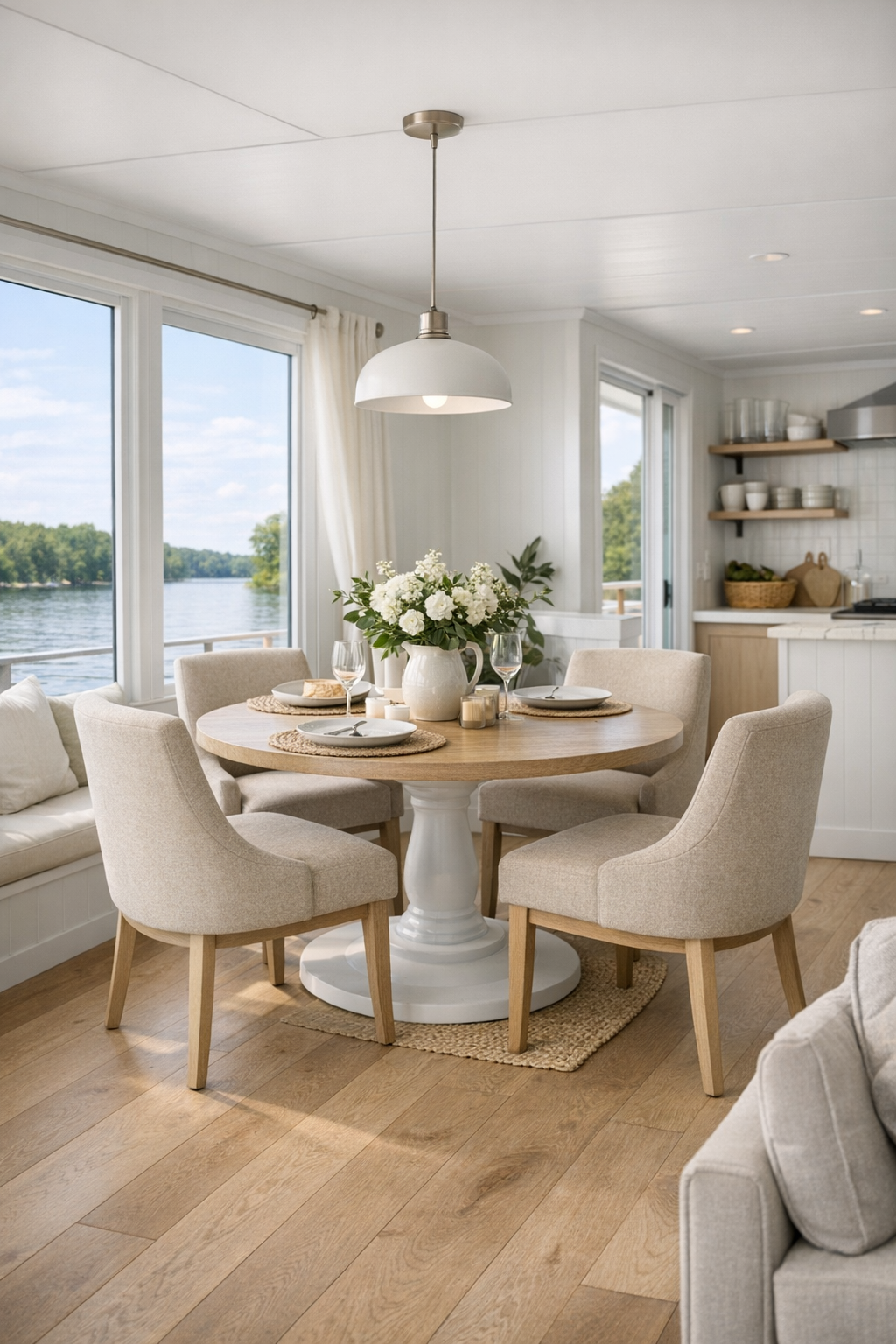 Modern dining area with a round pedestal table, soft upholstered chairs, and water views