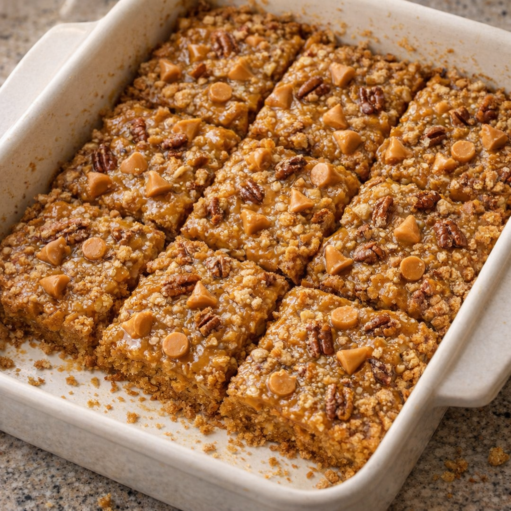 Freshly baked butterscotch bars cooling in a ceramic baking dish