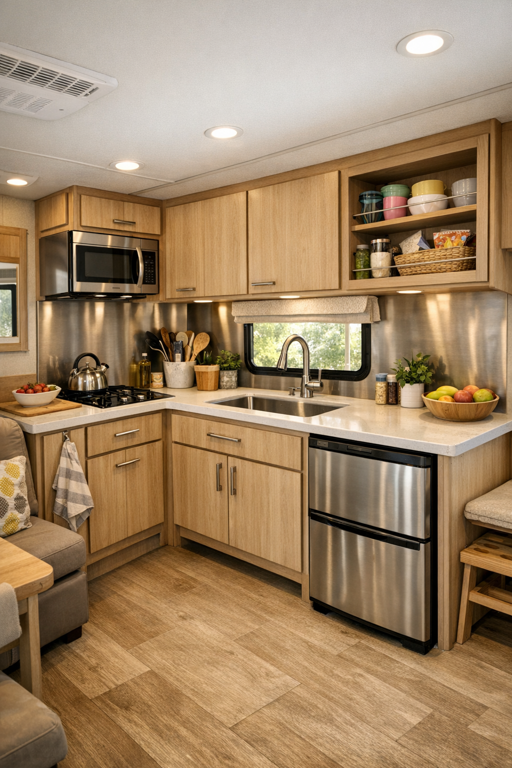 Modern accessible RV camper kitchen with pale wood cabinets and brushed steel backsplash