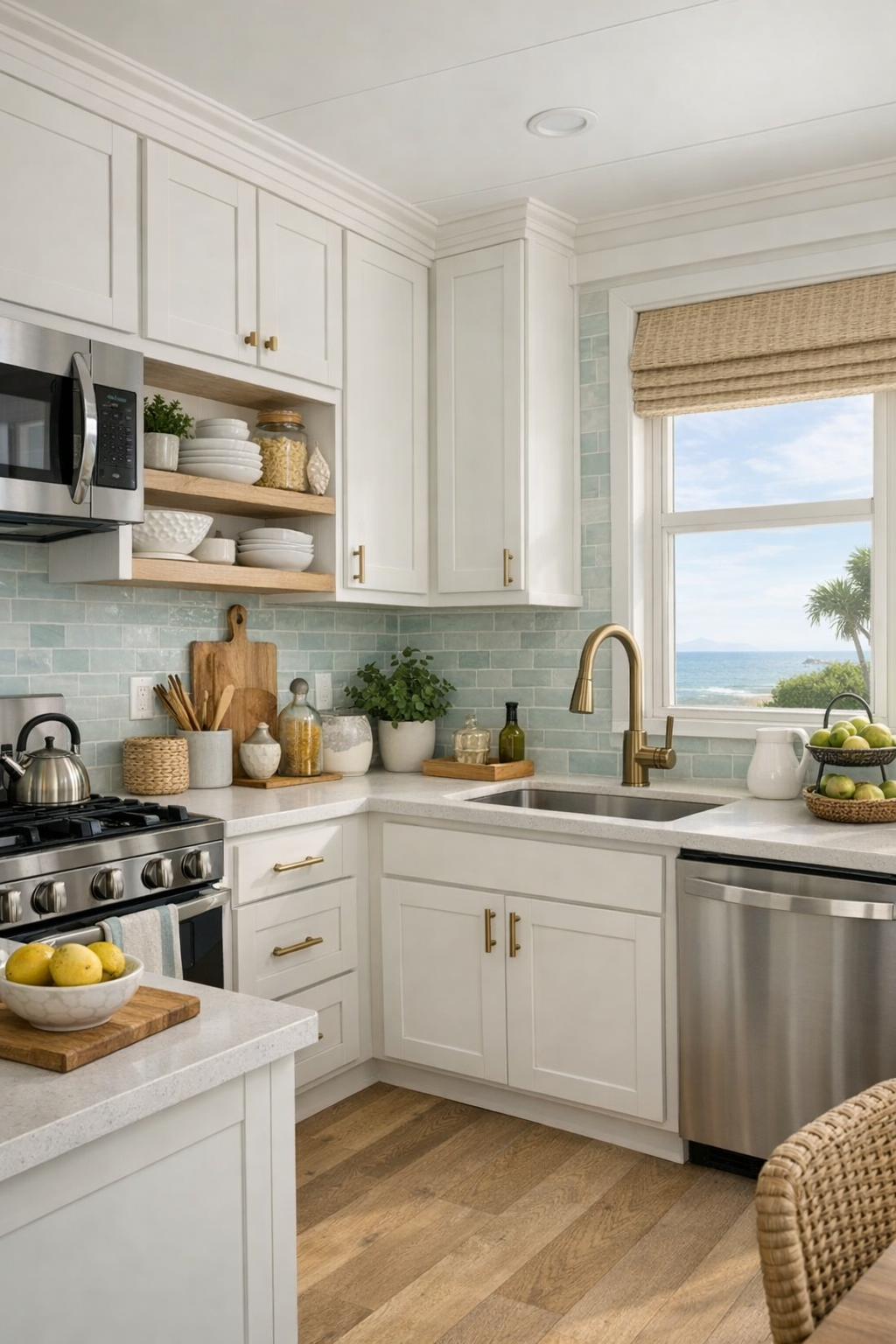 Compact coastal kitchen with white shaker cabinets, pale quartz counters, and soft blue tile