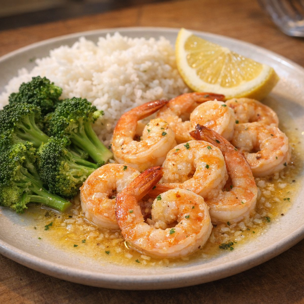 Shrimp served with broccoli and lemon on a weeknight dinner plate