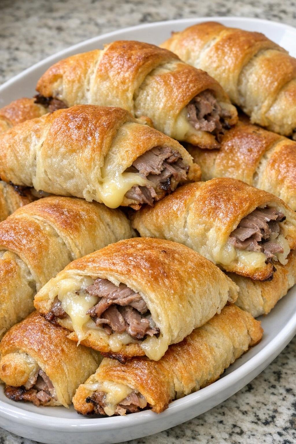 Golden brown crescent roll wraps filled with roast beef and emmental cheese on a white platter