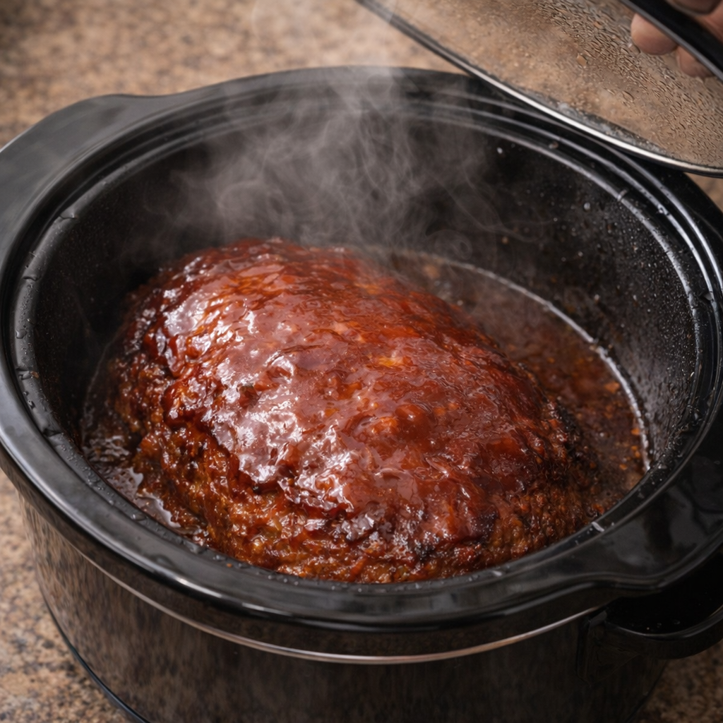 Glazed meatloaf cooking in a slow cooker