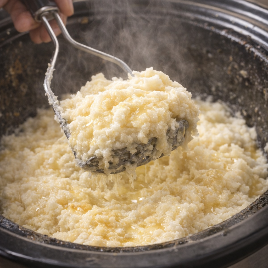 Potato masher lifting fluffy mashed potatoes in the slow cooker