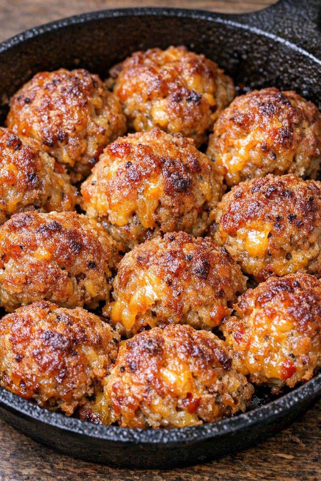 Southern 4-ingredient pimento sausage balls in a cast iron skillet