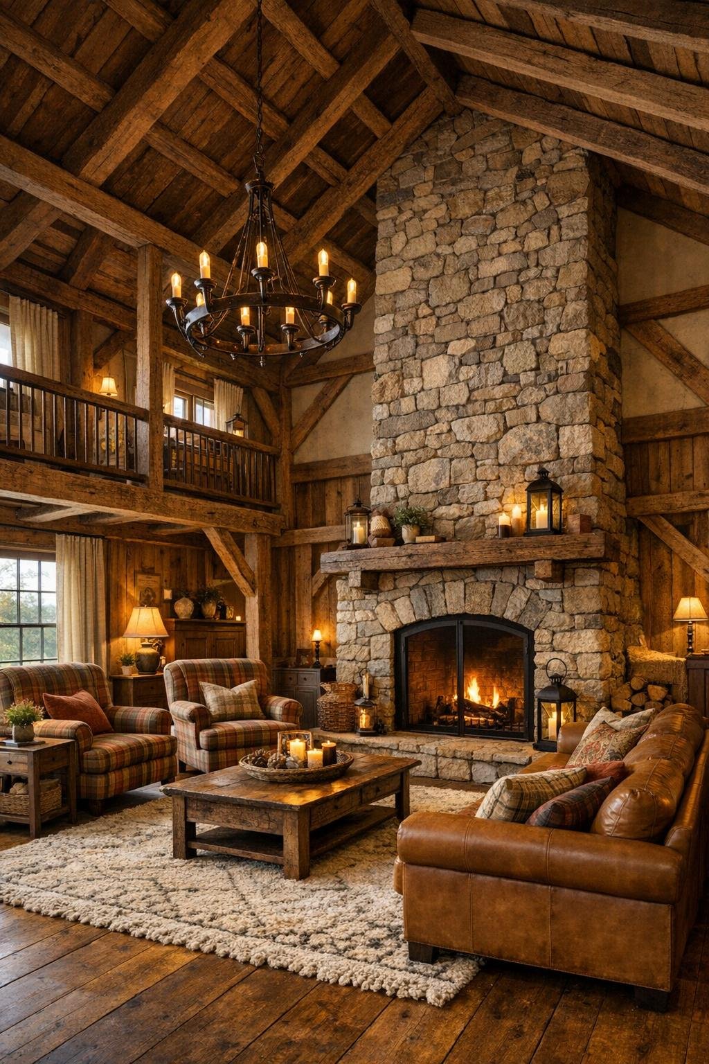 Barn-converted log home living room with exposed beams and a tall stone fireplace