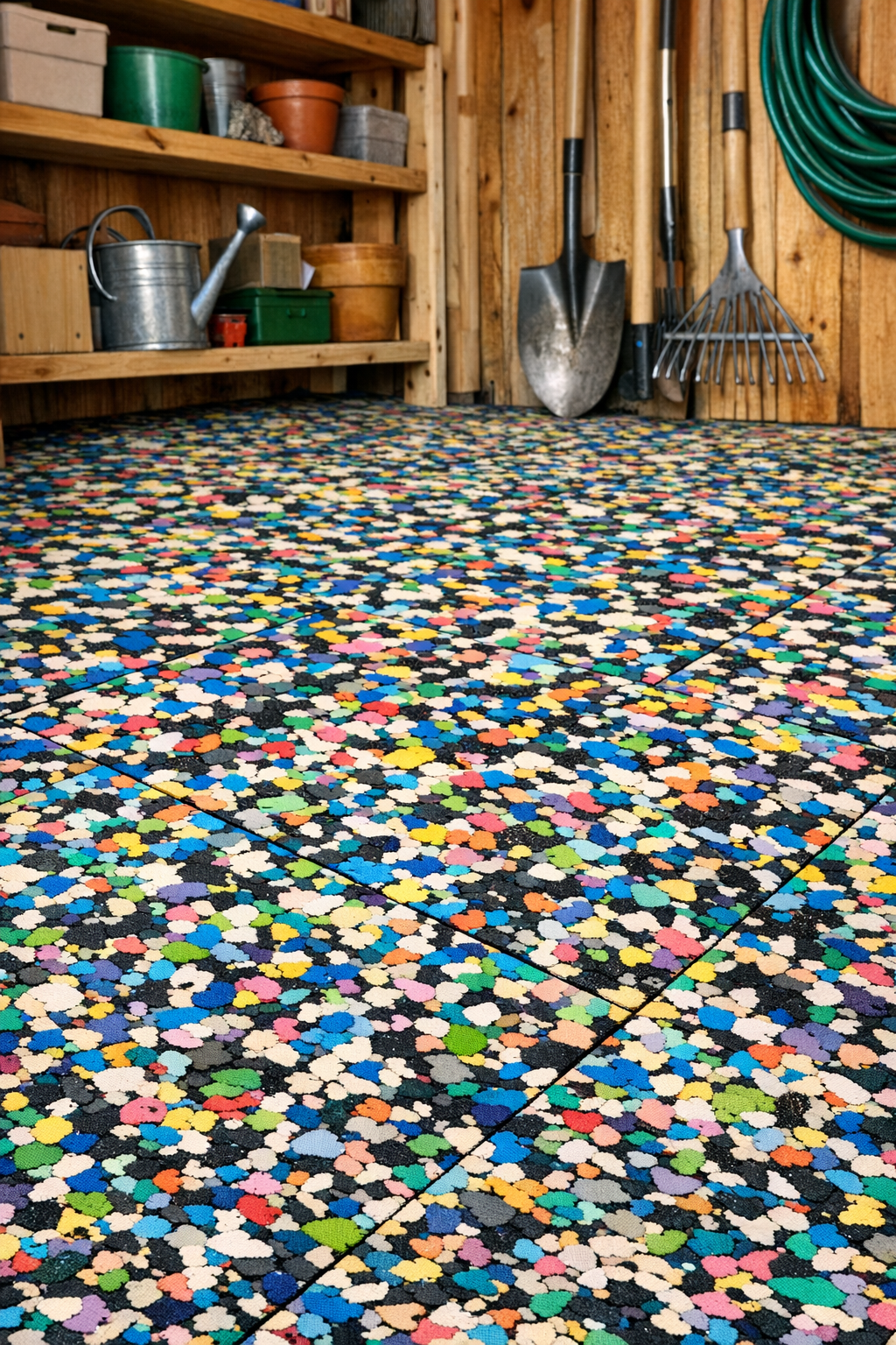 Finished impact-resistant shed floor made from baked chopped foam flip flops