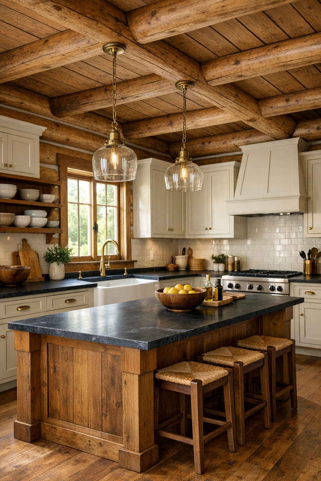 Rustic kitchen with cream cabinetry, wood island, soapstone counters, and apron-front sink