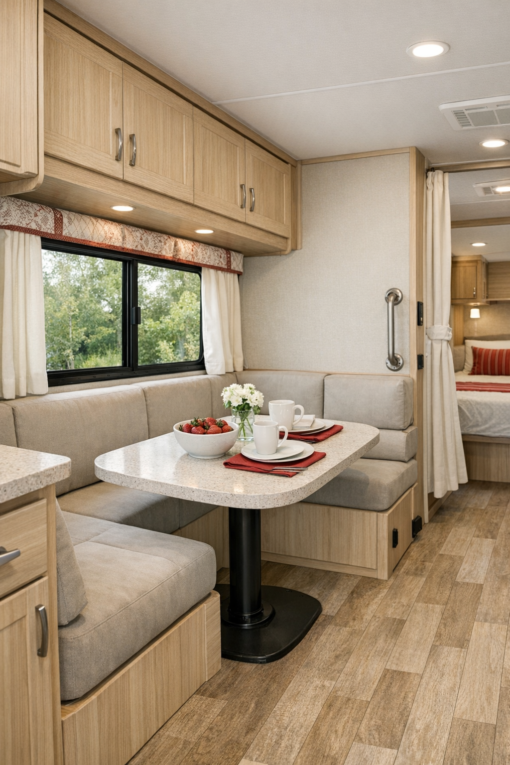 Compact RV camper dining nook with banquette seating and rounded table
