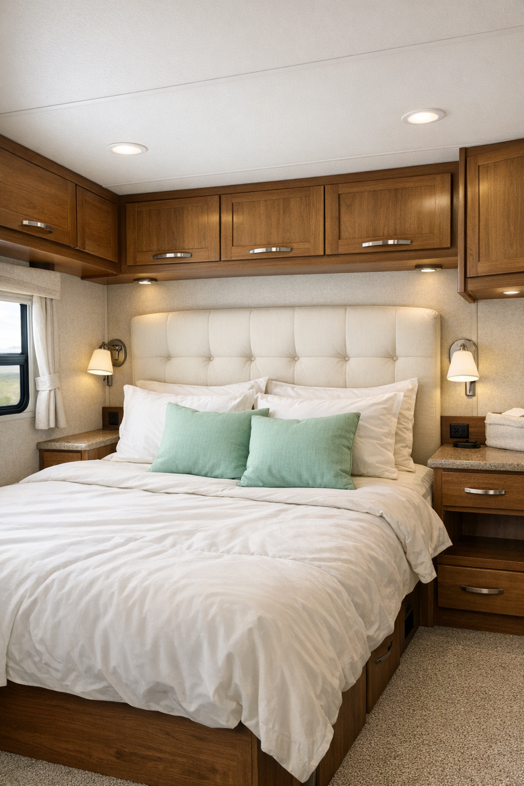 Serene RV bedroom with ivory upholstery, mint accents, and built-in storage