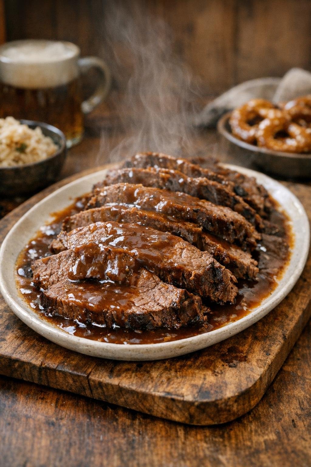 Finished Oktoberfest-style sliced beef platter with gravy