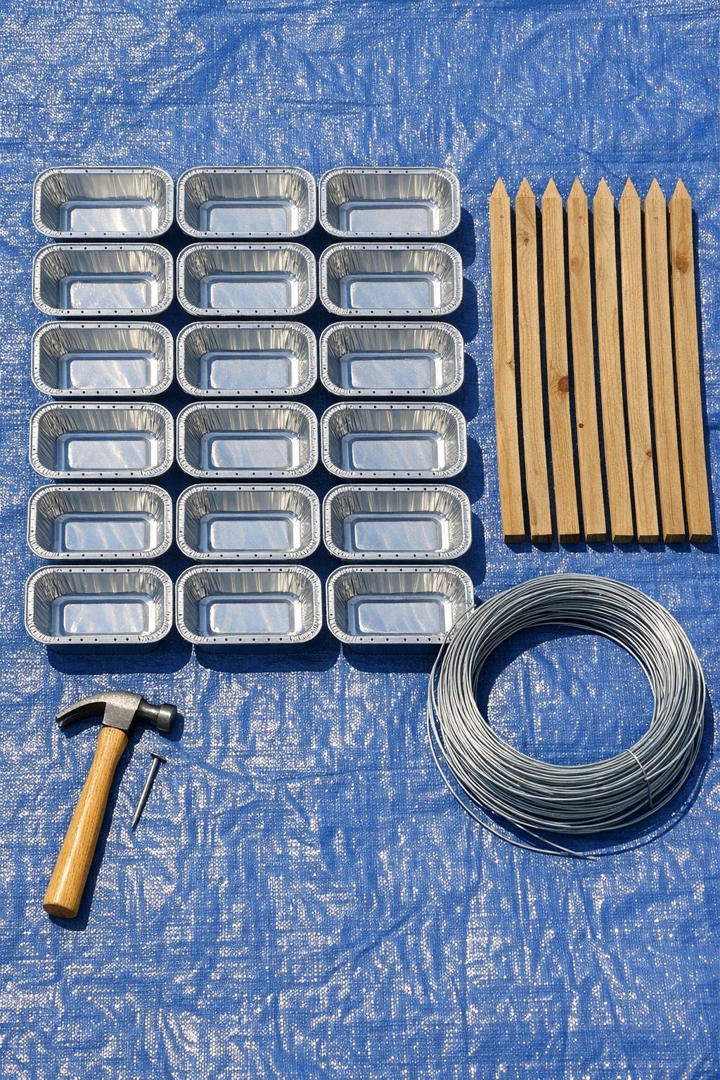 Materials for the aluminum loaf pan critter barrier laid out together