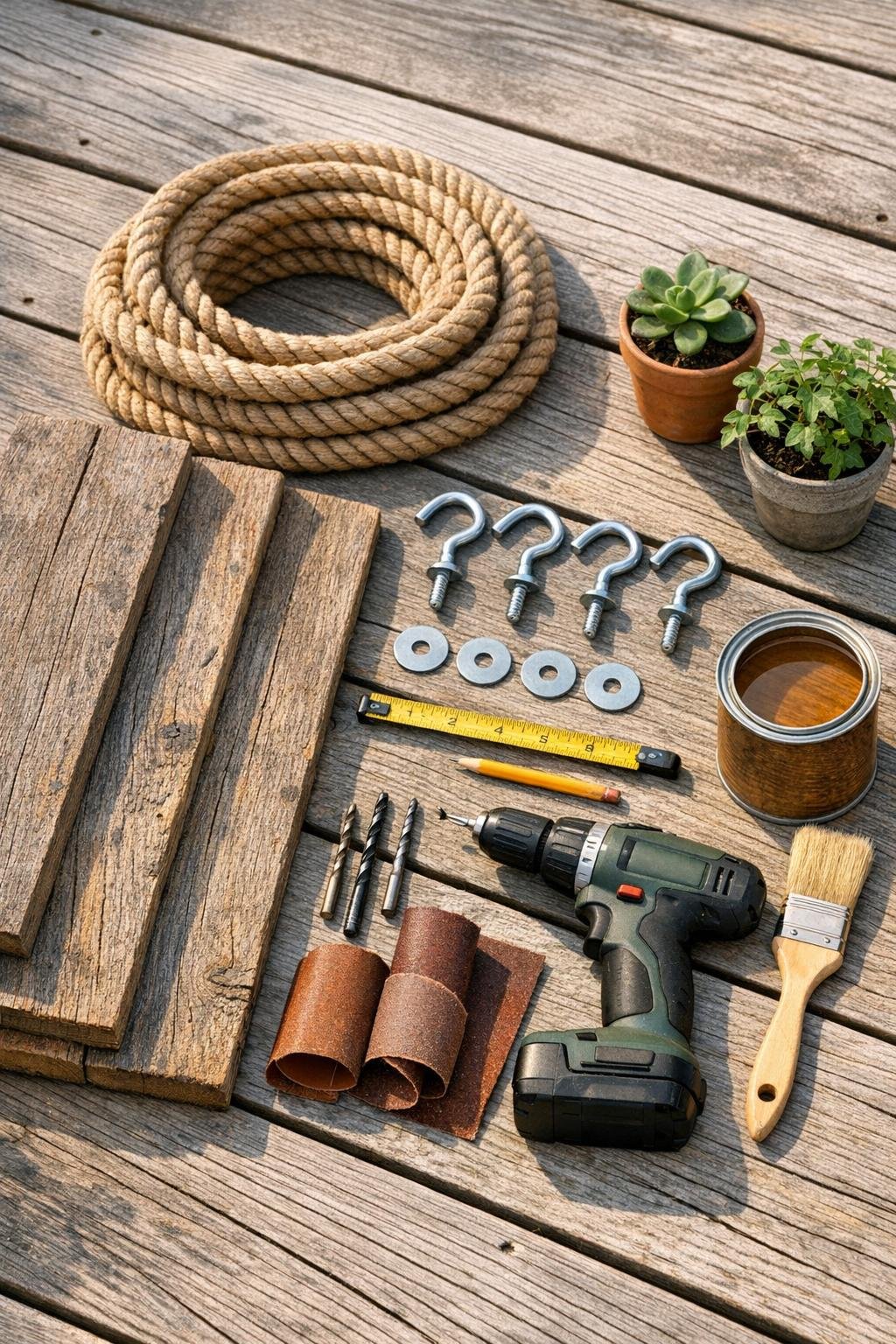 Materials for a hanging cedar plant shelf laid out on a porch floor
