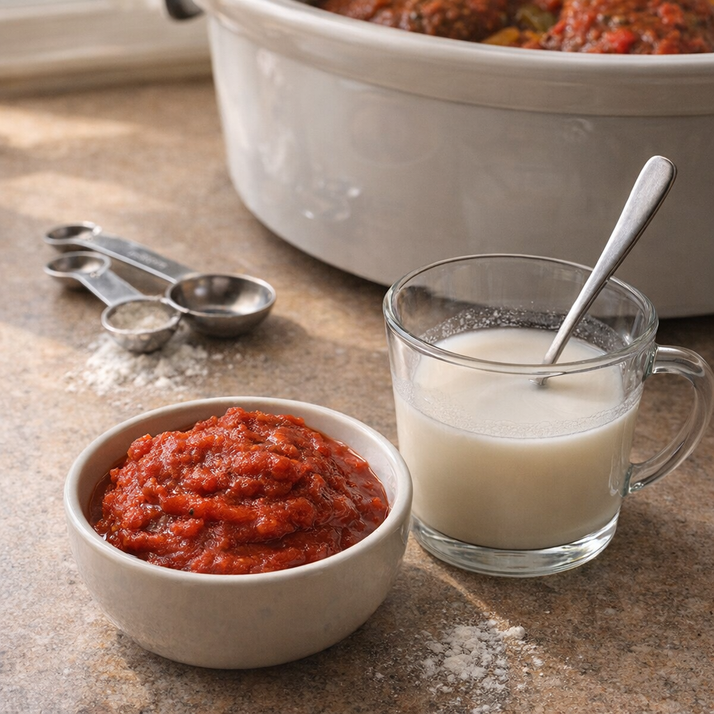 Small bowl of tomato paste and cornstarch slurry beside slow cooker