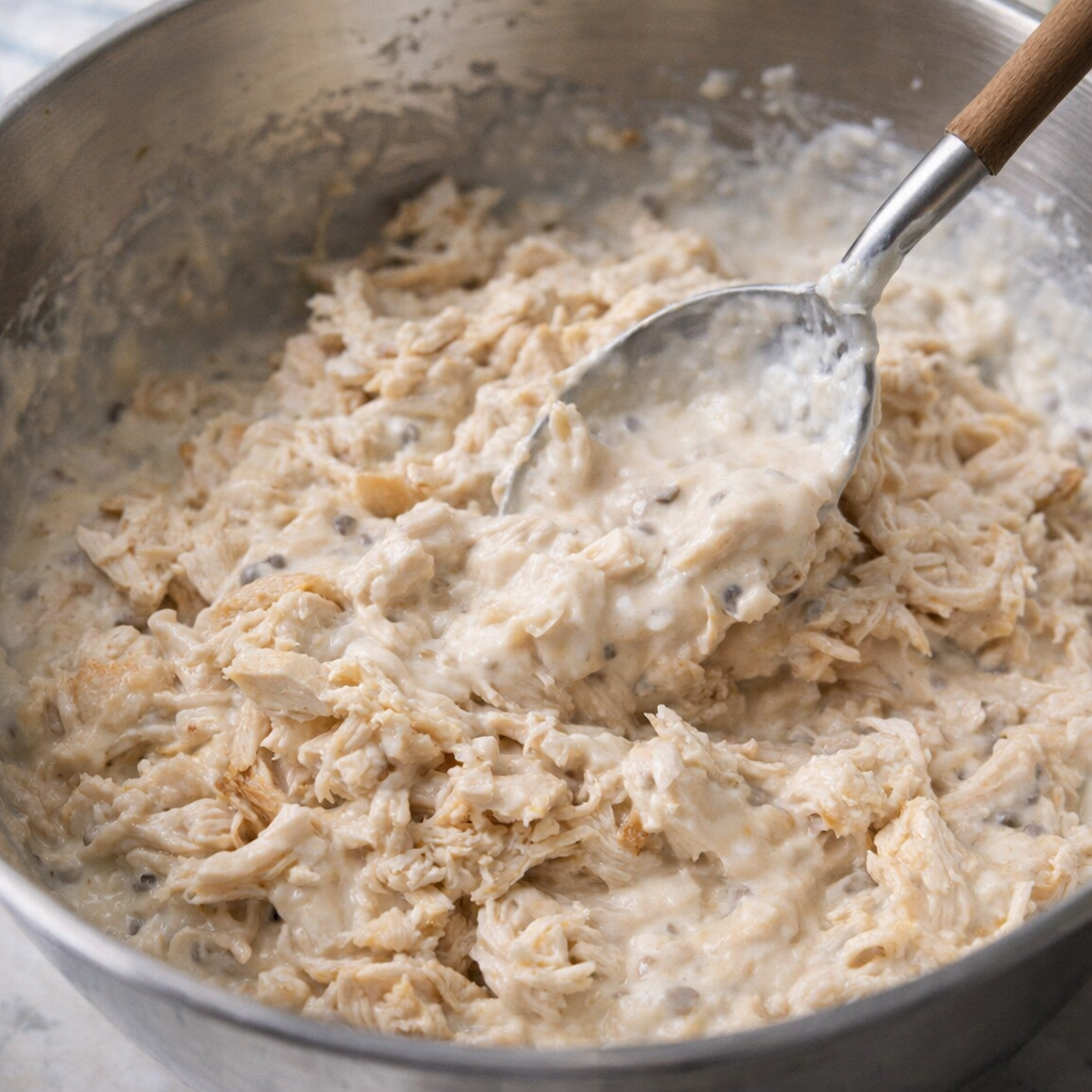 Shredded chicken mixed with cream soup in a bowl