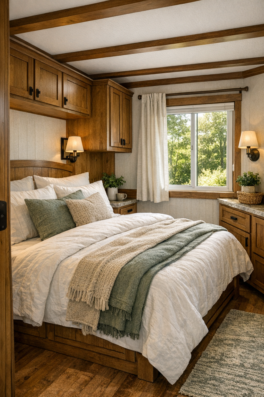 Serene craftsman bedroom with white bedding, sage textiles, and built-in wood storage