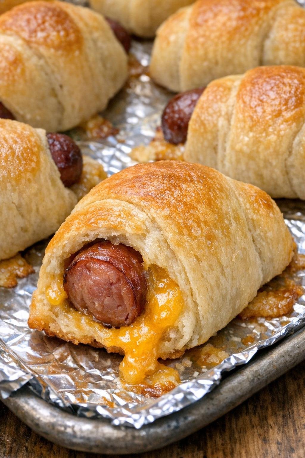 Golden crescent-wrapped smoked sausages on a foil-lined tray
