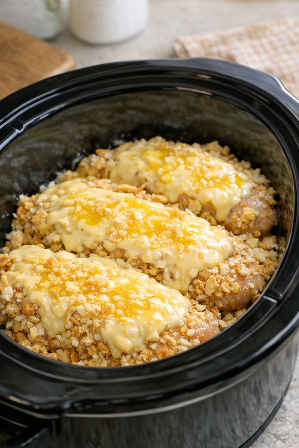 Soup and butter added over coated chicken