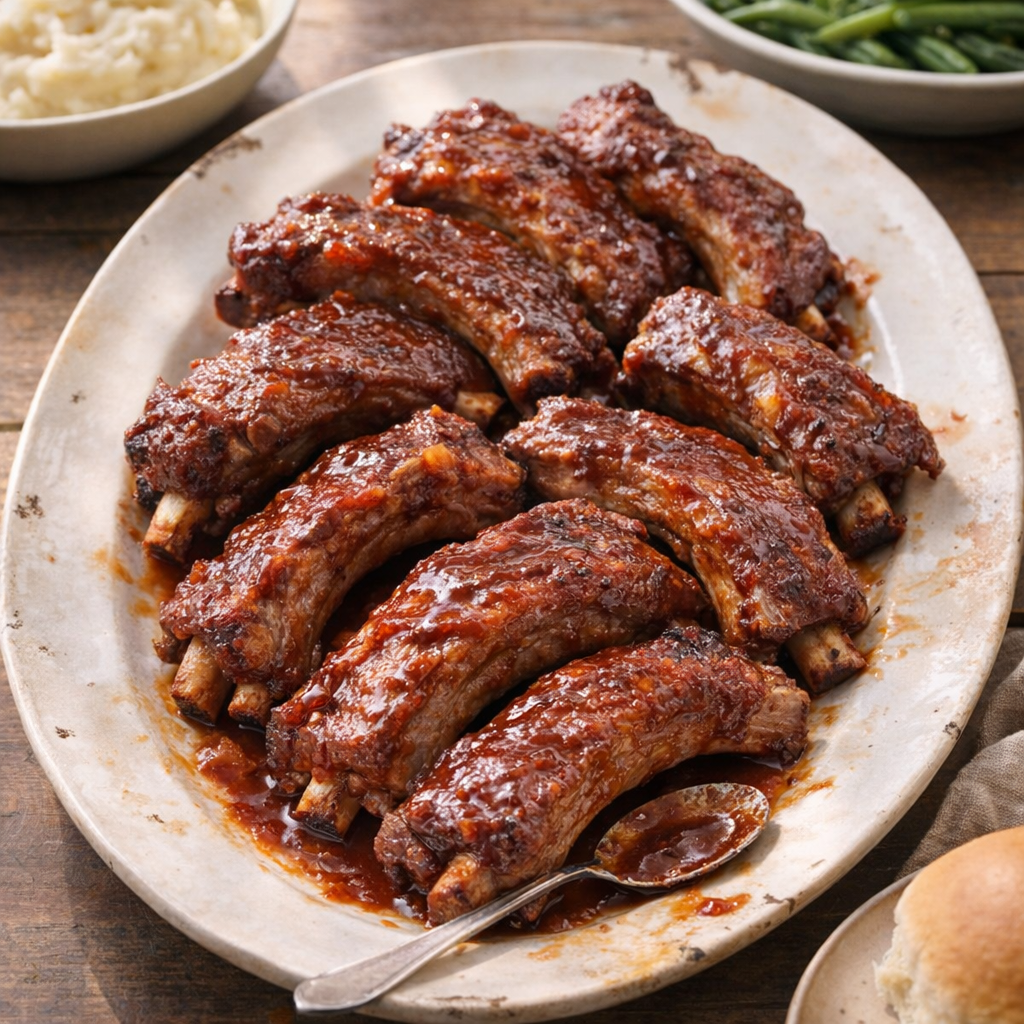 Slow cooker sticky spareribs served family-style on a platter