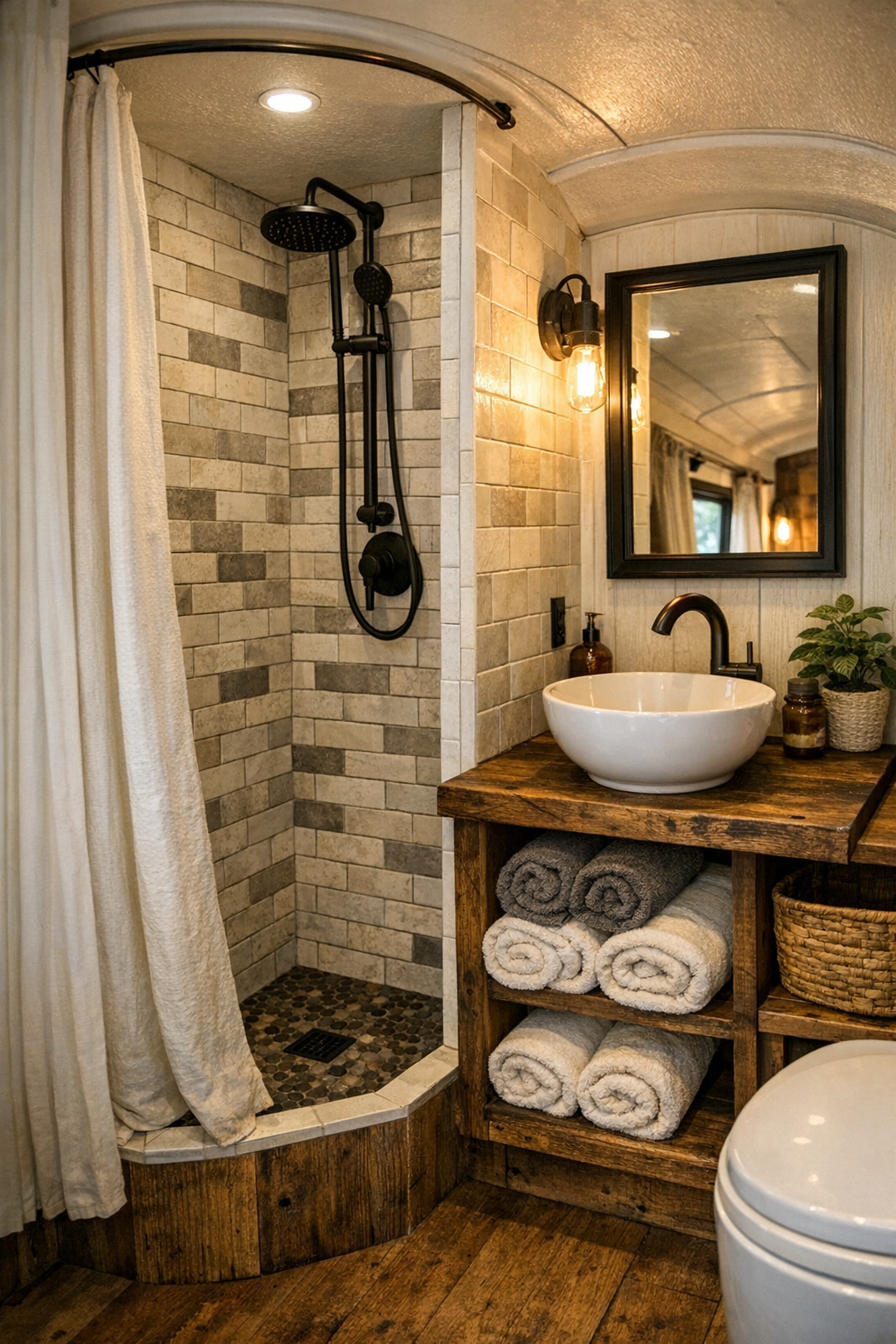 Small rustic bus bathroom with tiled shower and reclaimed wood vanity