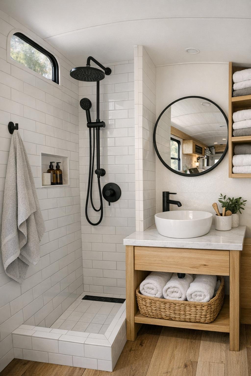 Bright compact bus bathroom with white tile shower and light wood vanity