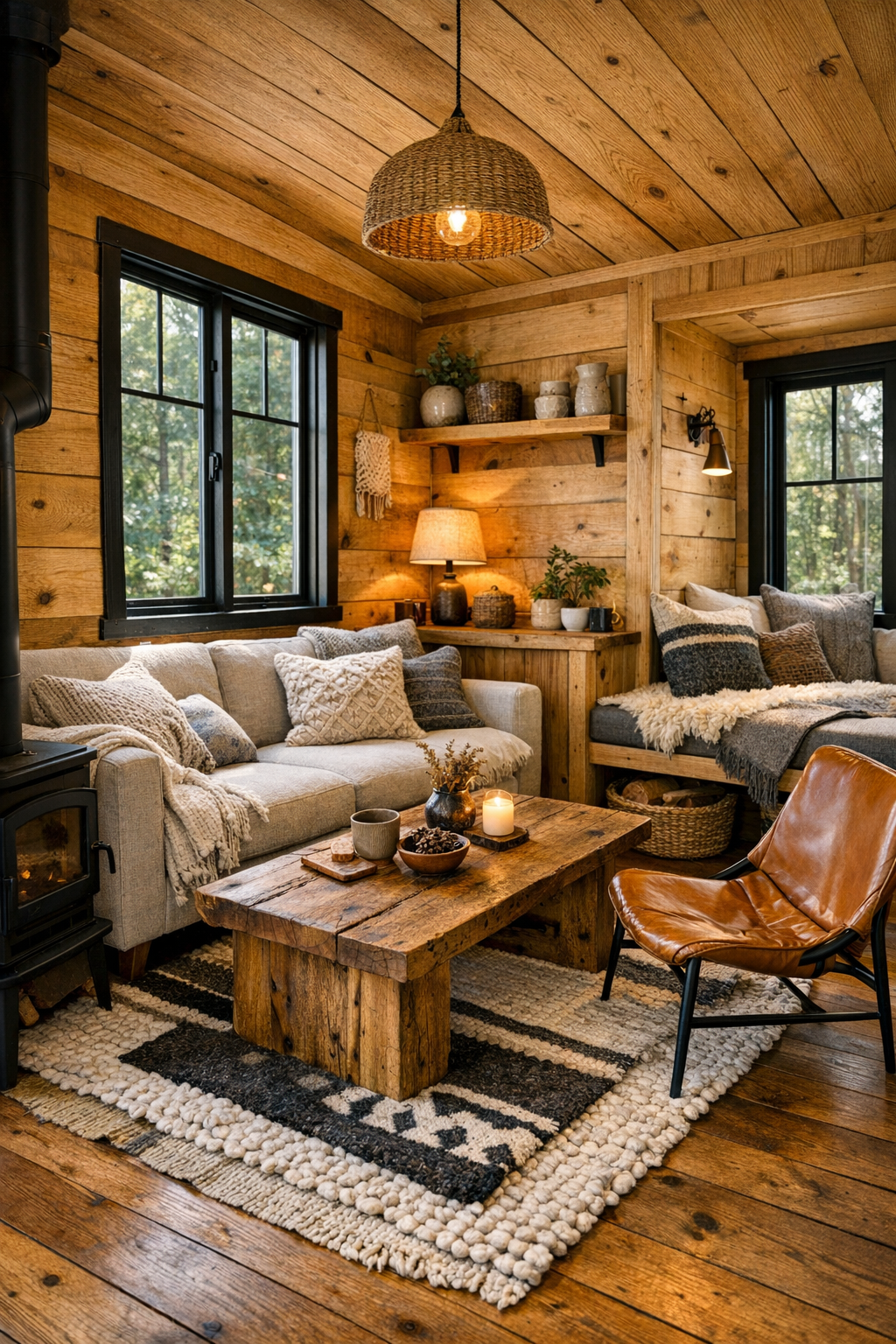 Warm handcrafted tiny home living room with wood walls, linen seating, and black framed windows