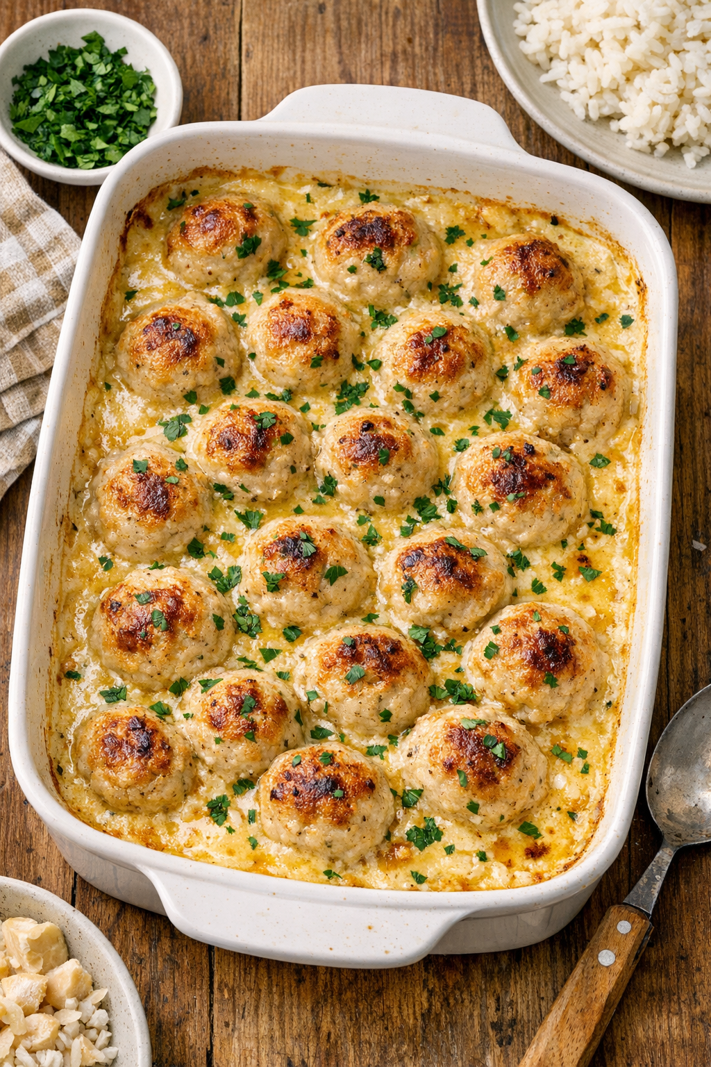 Baked chicken meatballs in creamy potluck sauce in a ceramic baking dish