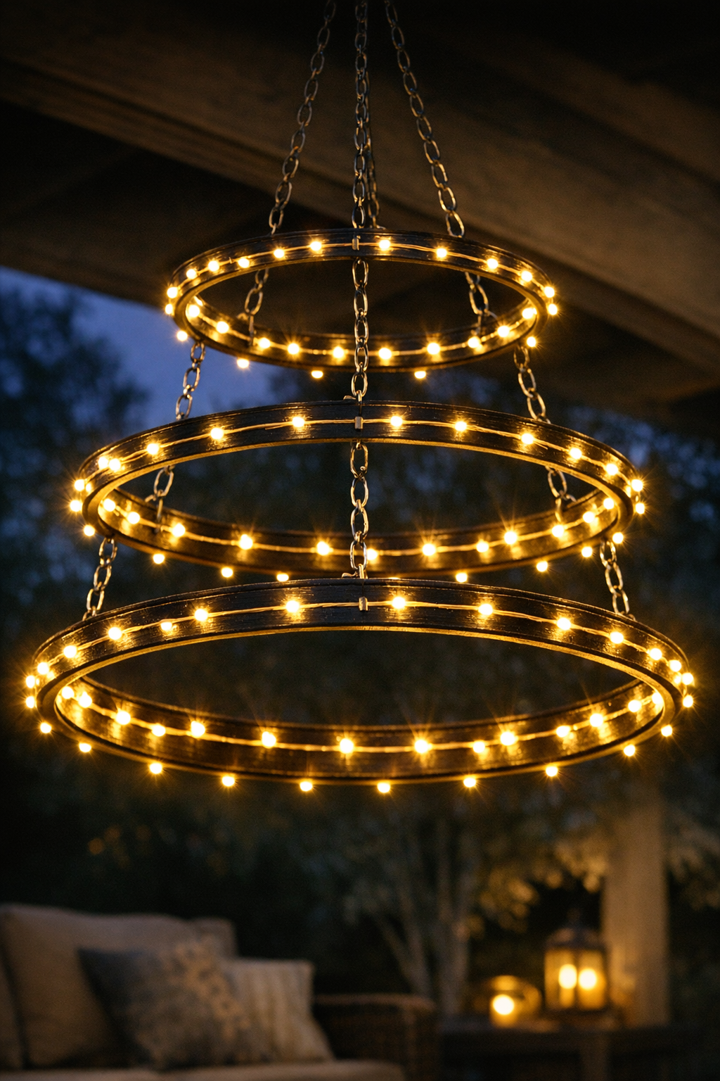 Finished outdoor chandelier made from painted embroidery hoops and solar string lights