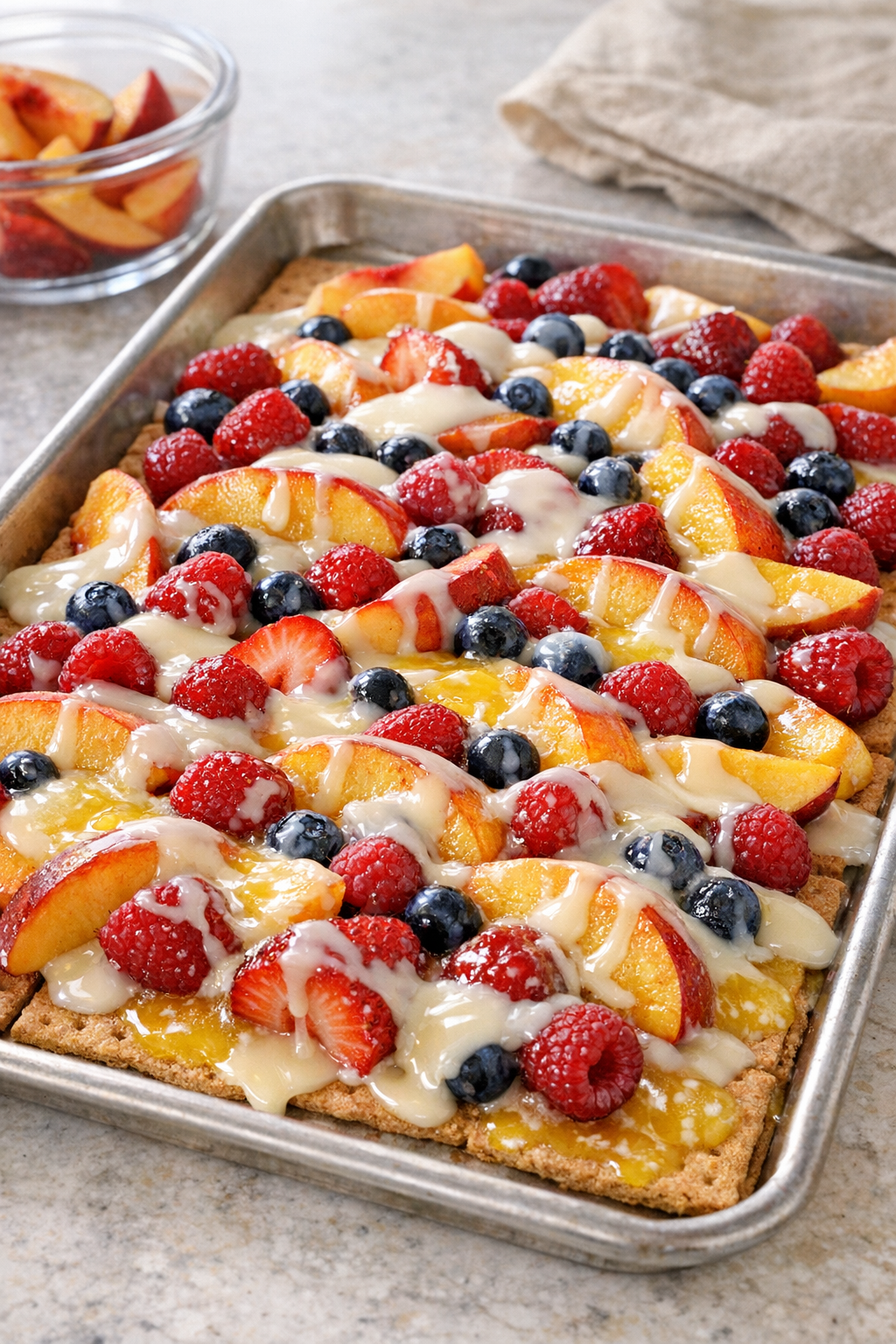 Condensed milk and butter drizzled over fruit