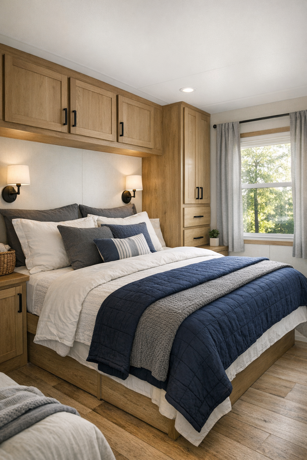 Serene modern bedroom with layered blue and gray bedding, wood accents, and large windows