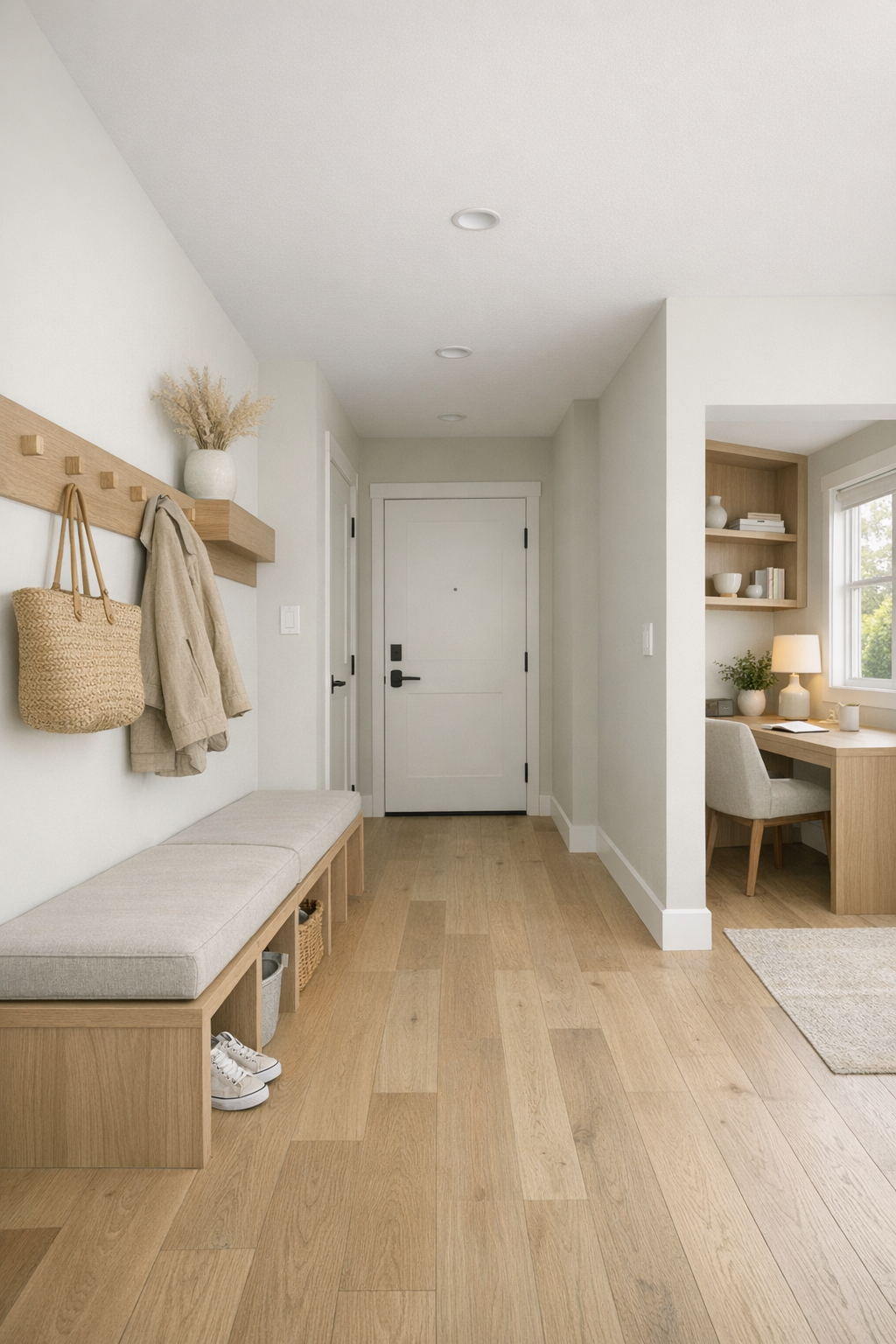 Bright hallway and entry with built-in oak storage bench and small work nook