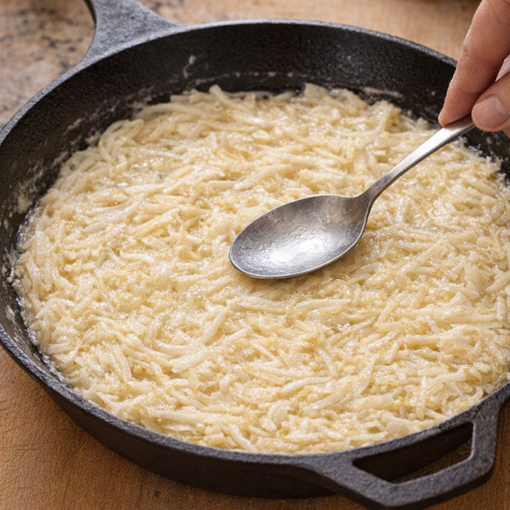 Potato mixture pressed into a hot skillet