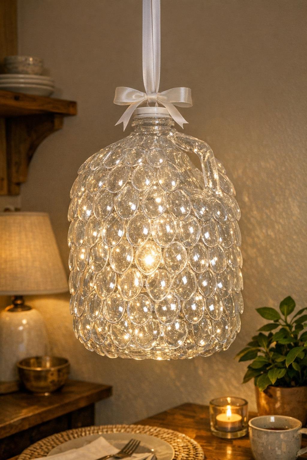 Finished crystal spoon chandelier hanging and glowing warmly indoors