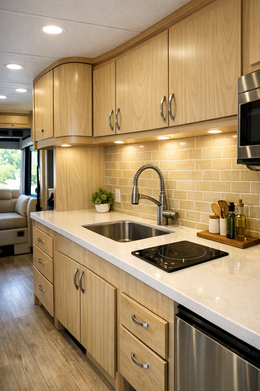 Accessible RV kitchen with creamy counters and honey tile backsplash