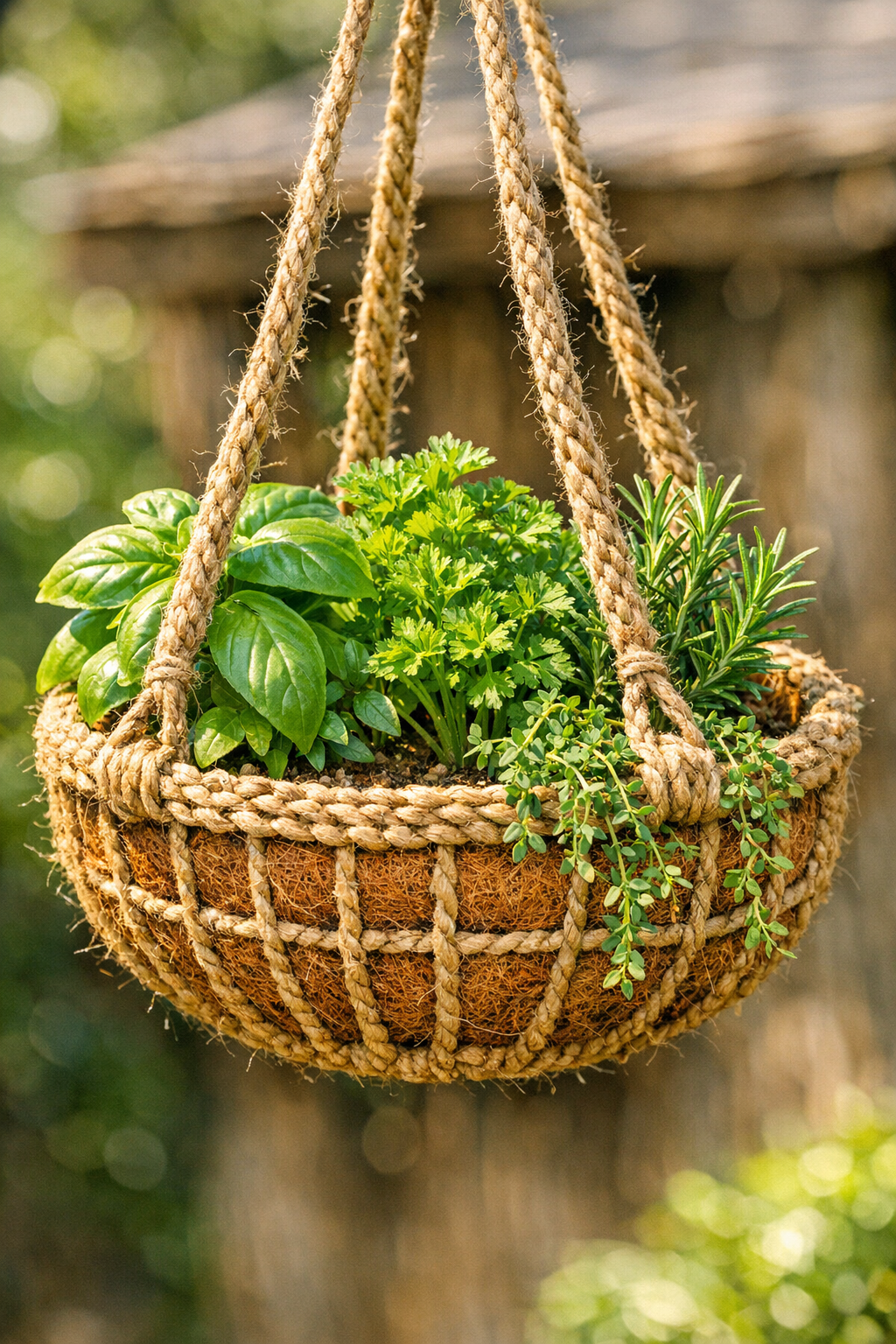 Finished crocheted jute hanging herb planter made from a grease splatter screen