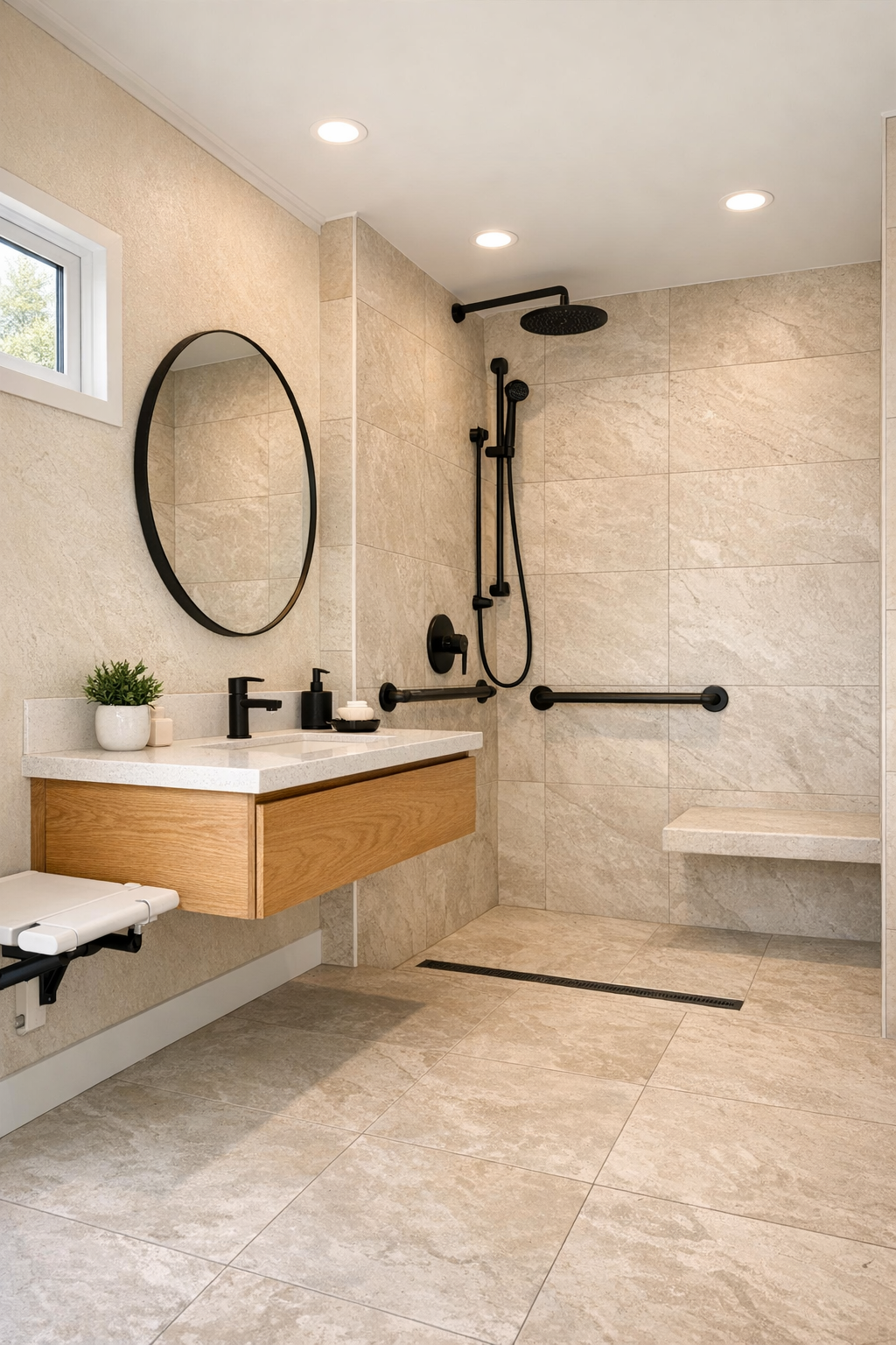 Accessible spa-like bathroom with curbless shower and oak vanity