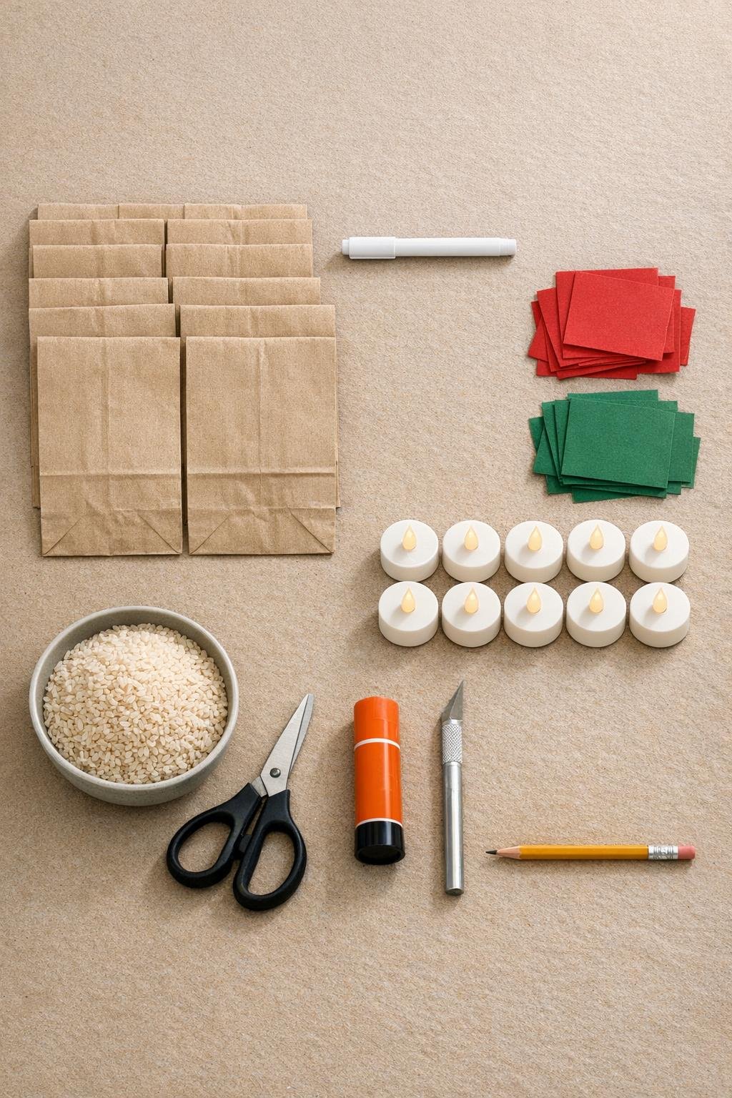 Brown paper lunch bags and craft supplies laid out for the project