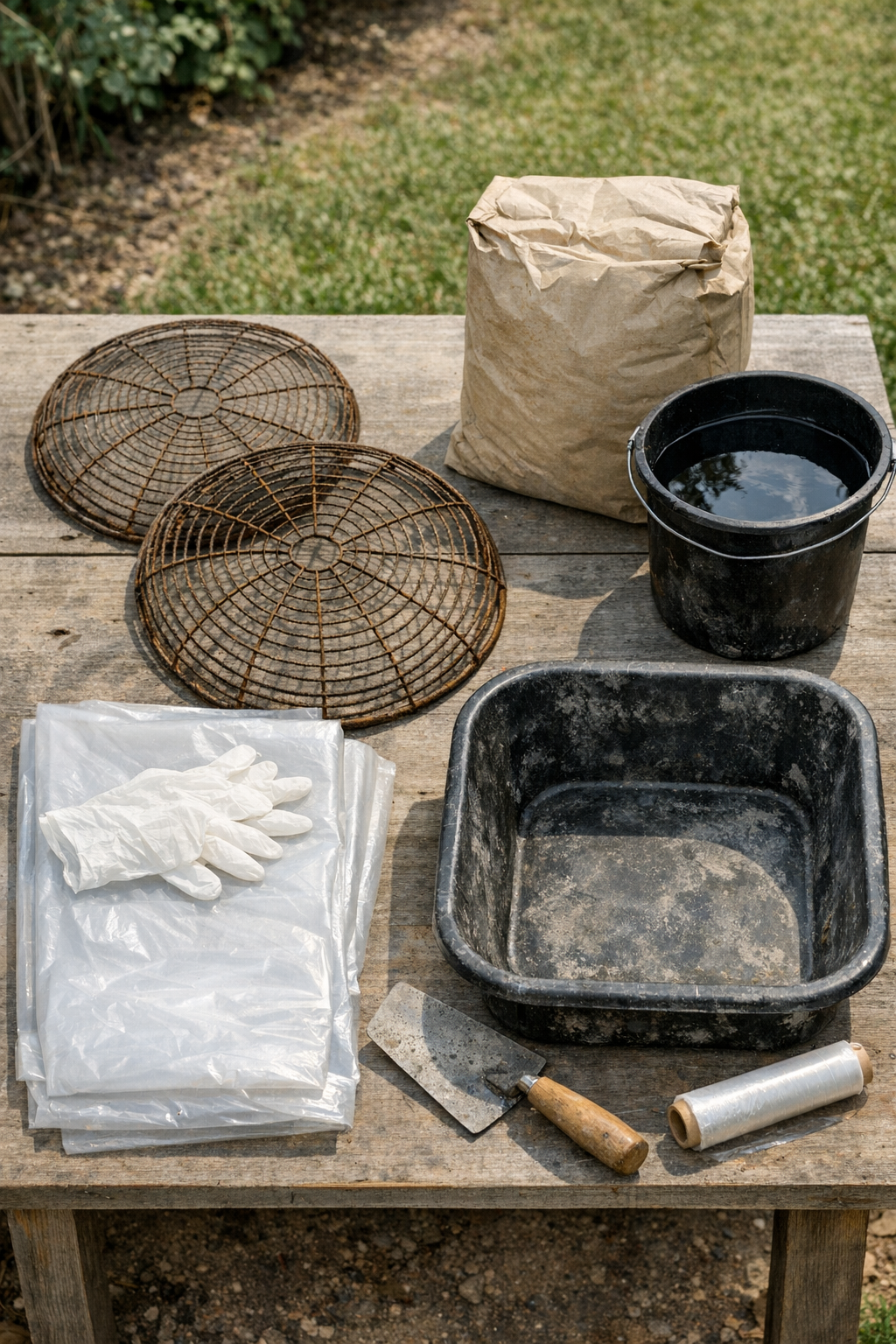 Wire fan covers and cement materials laid out for the project