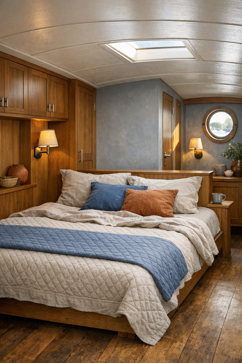 Serene barge bedroom with low bed, built-in storage, linen bedding, and soft wall sconces