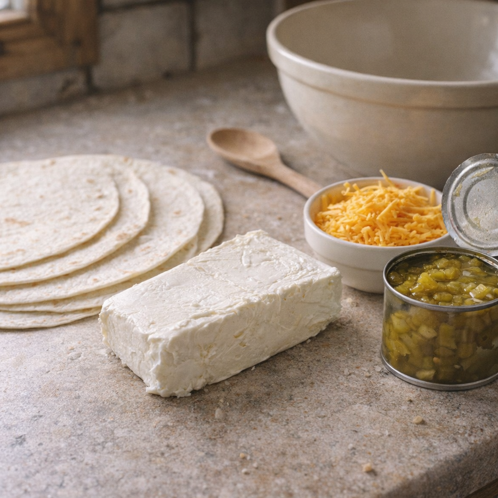 Simple pinwheel ingredients laid out on a farmhouse counter