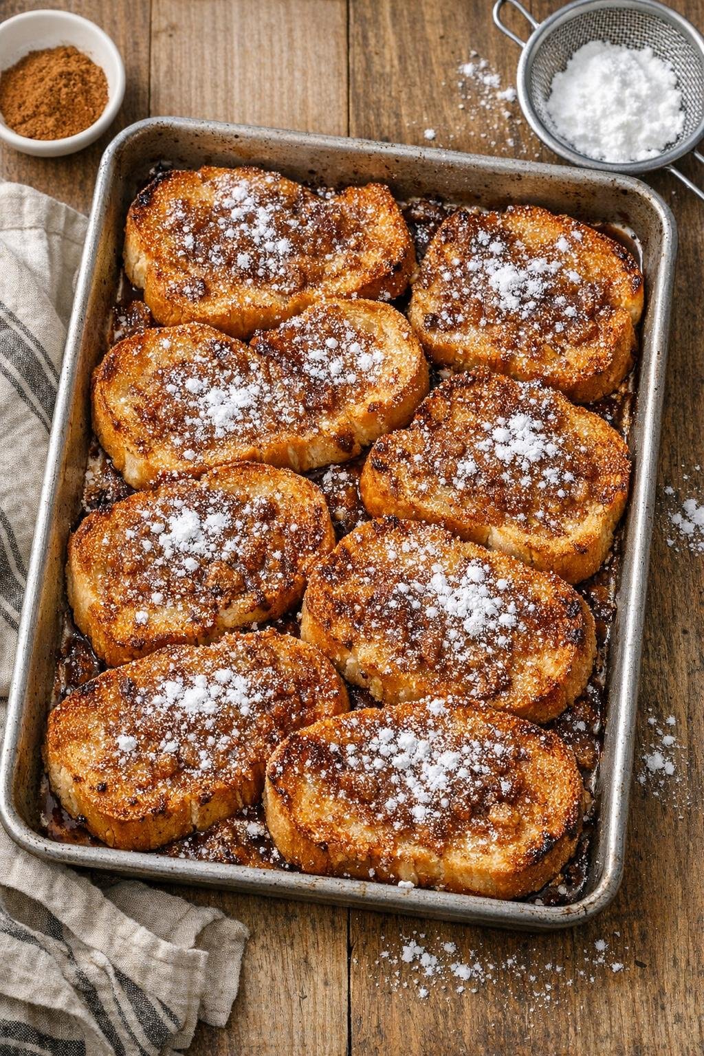 Finished baked Texas toast dessert in a sheet pan