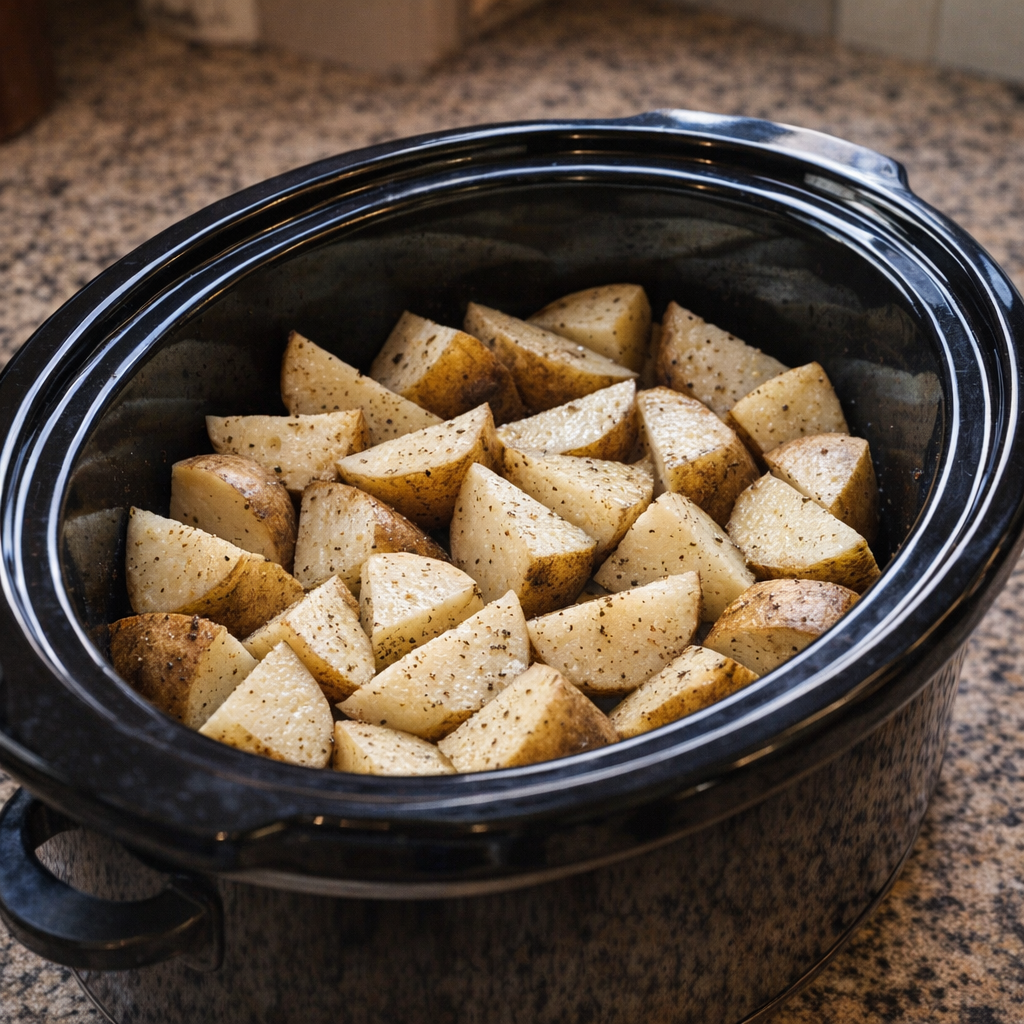 Potato wedges layered in a slow cooker