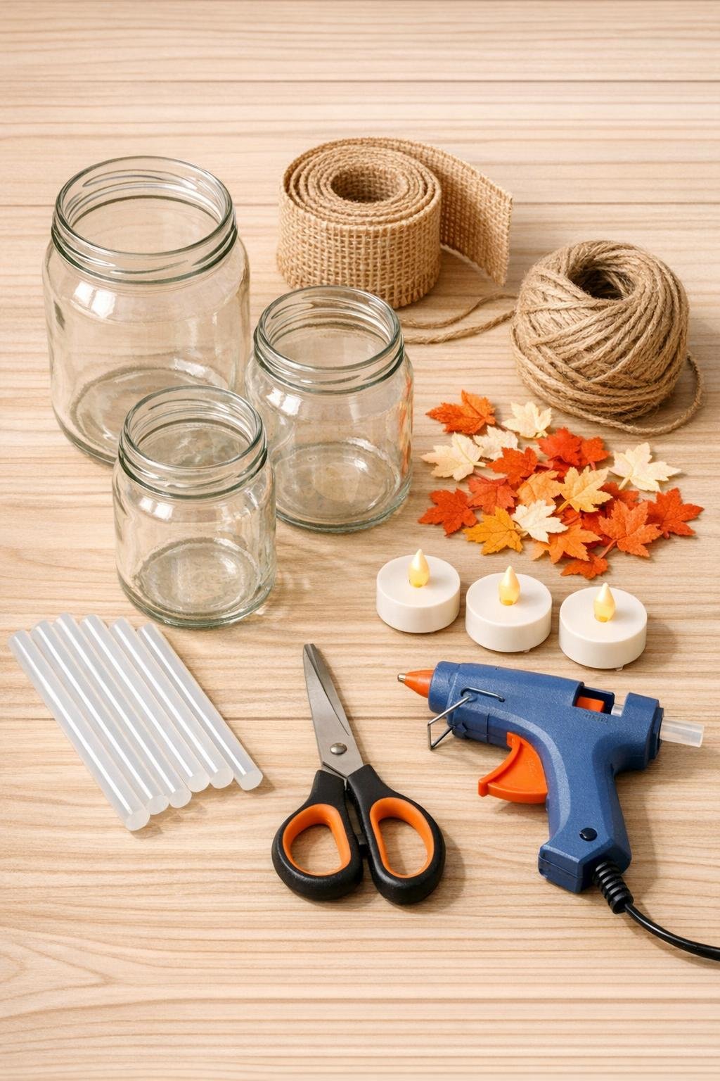 Materials for making three fall lanterns from old pickle jars
