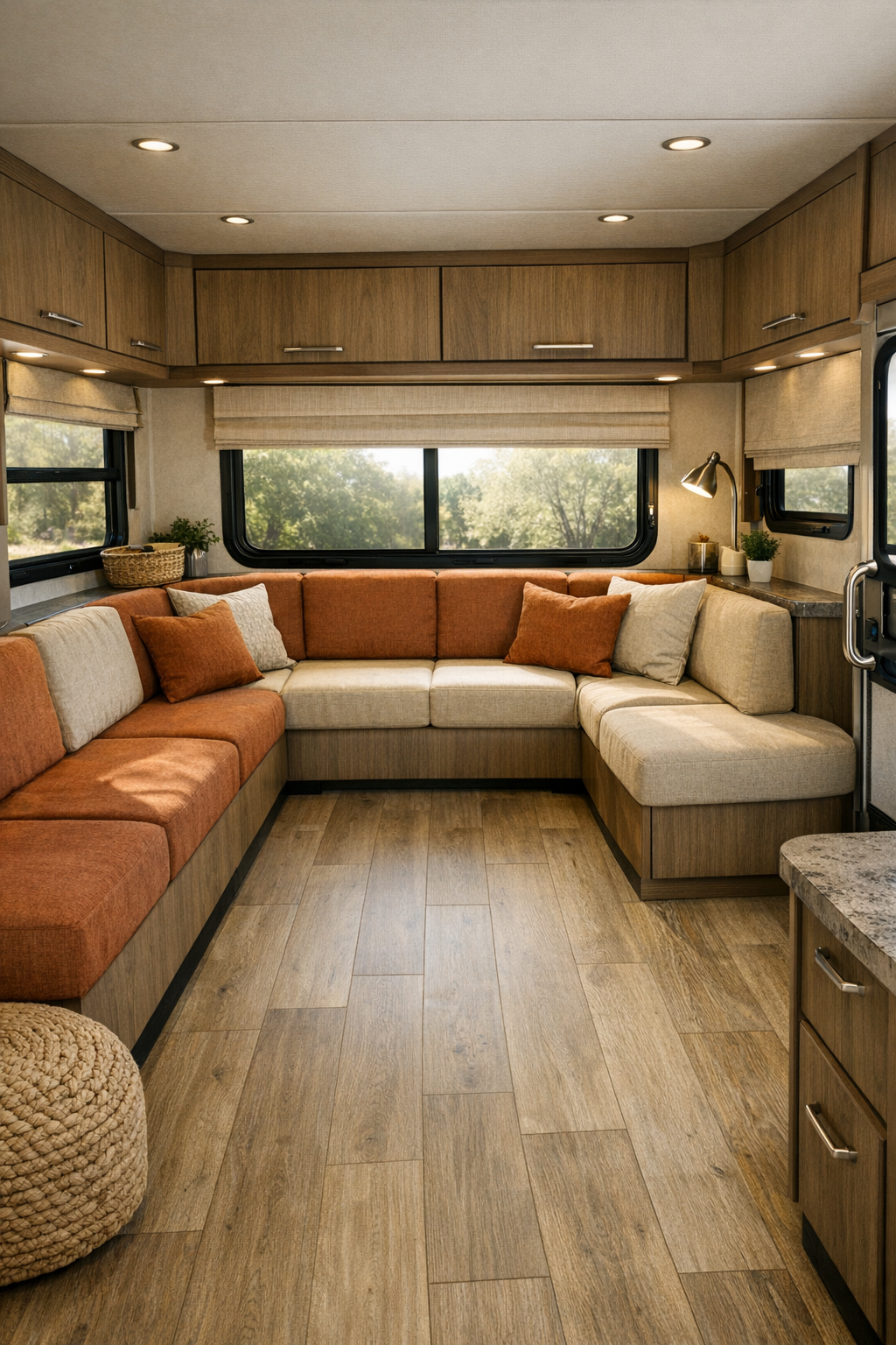 Accessible RV camper living room with terracotta upholstery and brushed steel accents